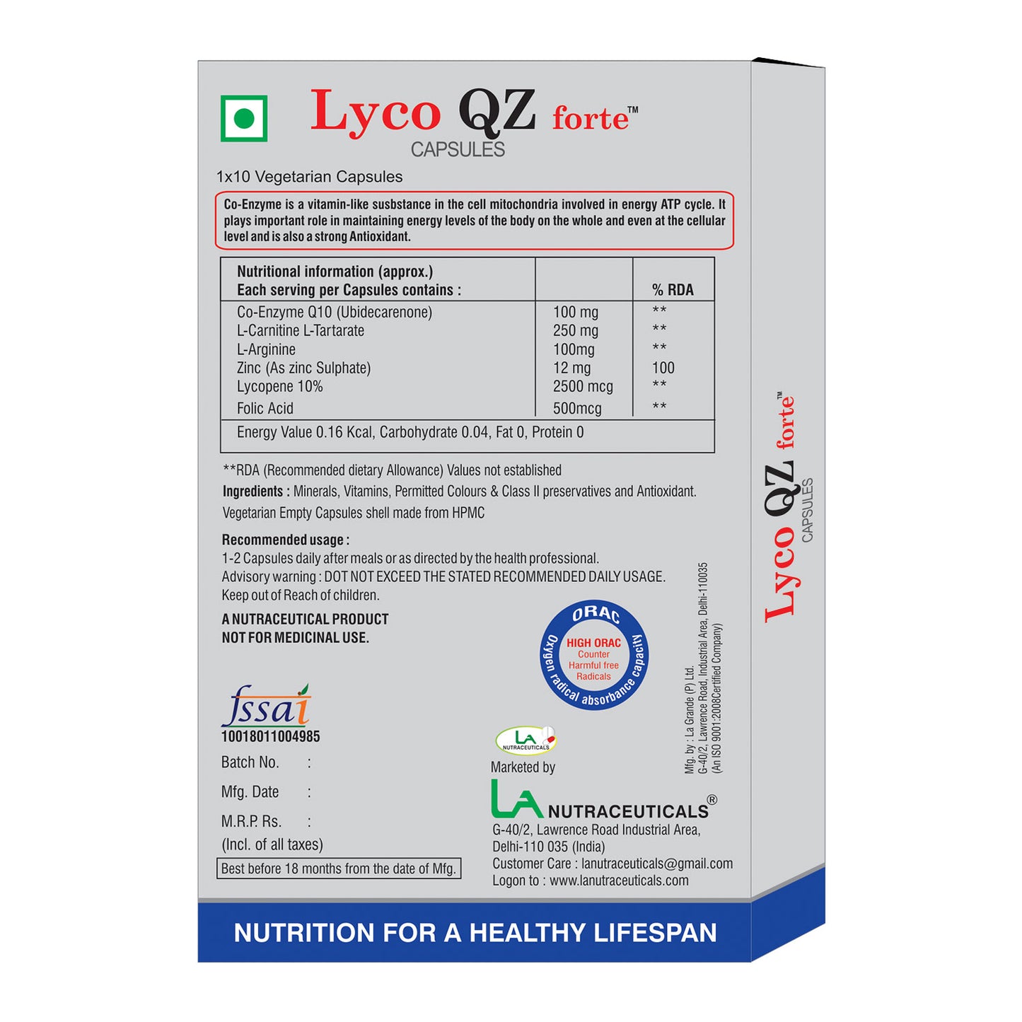 Lyco QZ Forte Capsules - Co-enzyme Q10 Supplements (Ubidecarenone with Lycopene)