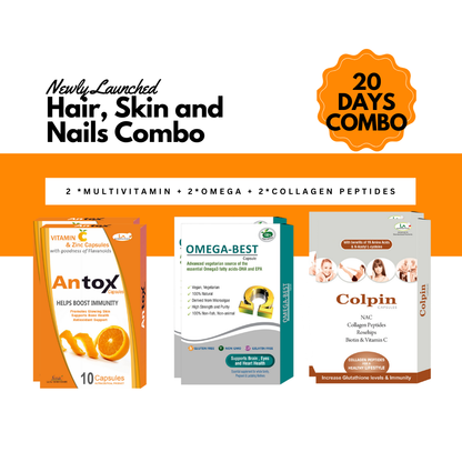 Hair, Skin and Nails Combo -Best For Optimal Results in 20 Days - Pack of Multivitamin, Collagen and Omega 3 Capsules