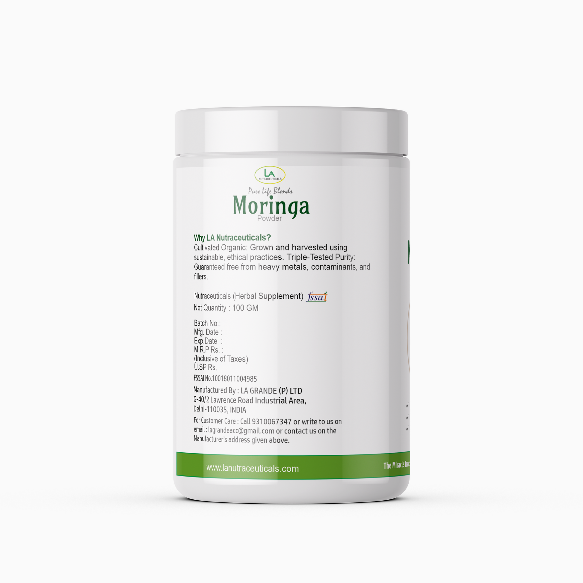 La Nutraceuticals Pure Life Blends Cultivated Organic Moringa Powder