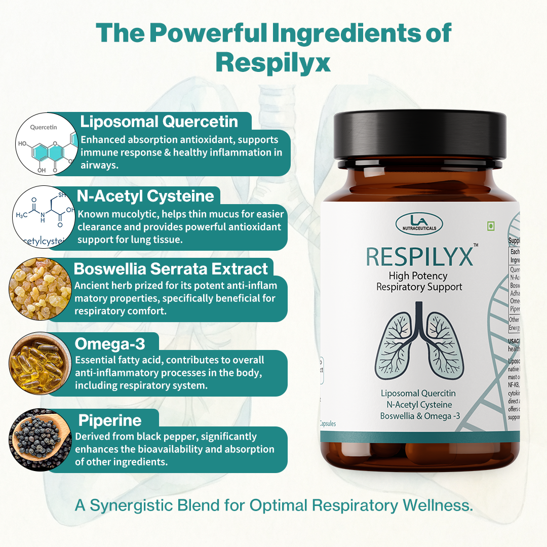 RESPILYX™ | Respiratory Support Complex | Quercitin , NAC, Boswellia, Omega-3 & Vitamin D3 | 30 Capsules