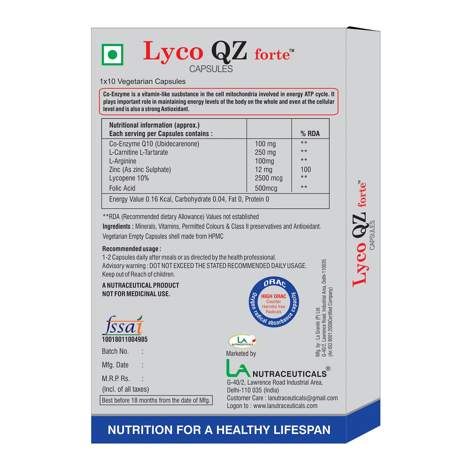Lyco QZ Forte Capsules - Co-enzyme Q10 Supplements (Ubidecarenone with Lycopene)