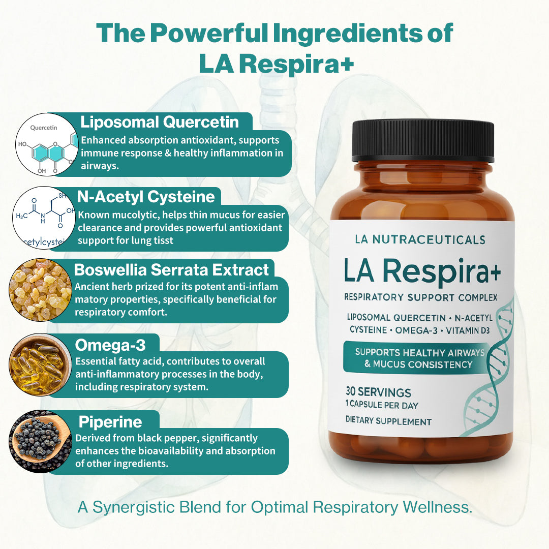 La Respira+ | Respiratory Support Complex | Quercitin , NAC, Boswellia, Omega-3 & Vitamin D3 | 30 Capsules
